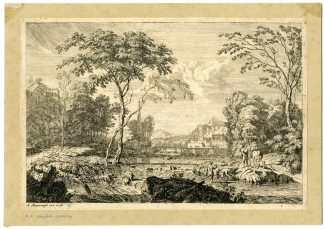 Antique Master Print-CATCHING-CRAYFISH-RIVER-LANDSCAPE-Meyering-1695-1714