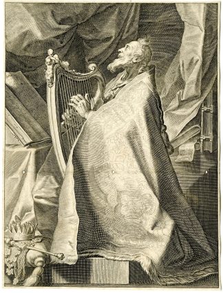 Antique Master Print-KING-DAVID-KNEELING-HARP-Van de Passe -Bloemaert-1607-1637