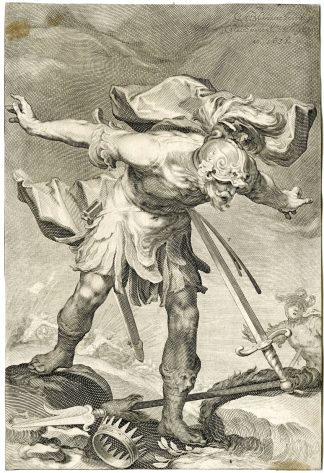Antique Master Print-KING-SAUL-SUICIDE-SWORD-Van Swanenburg-Bloemaert-1611
