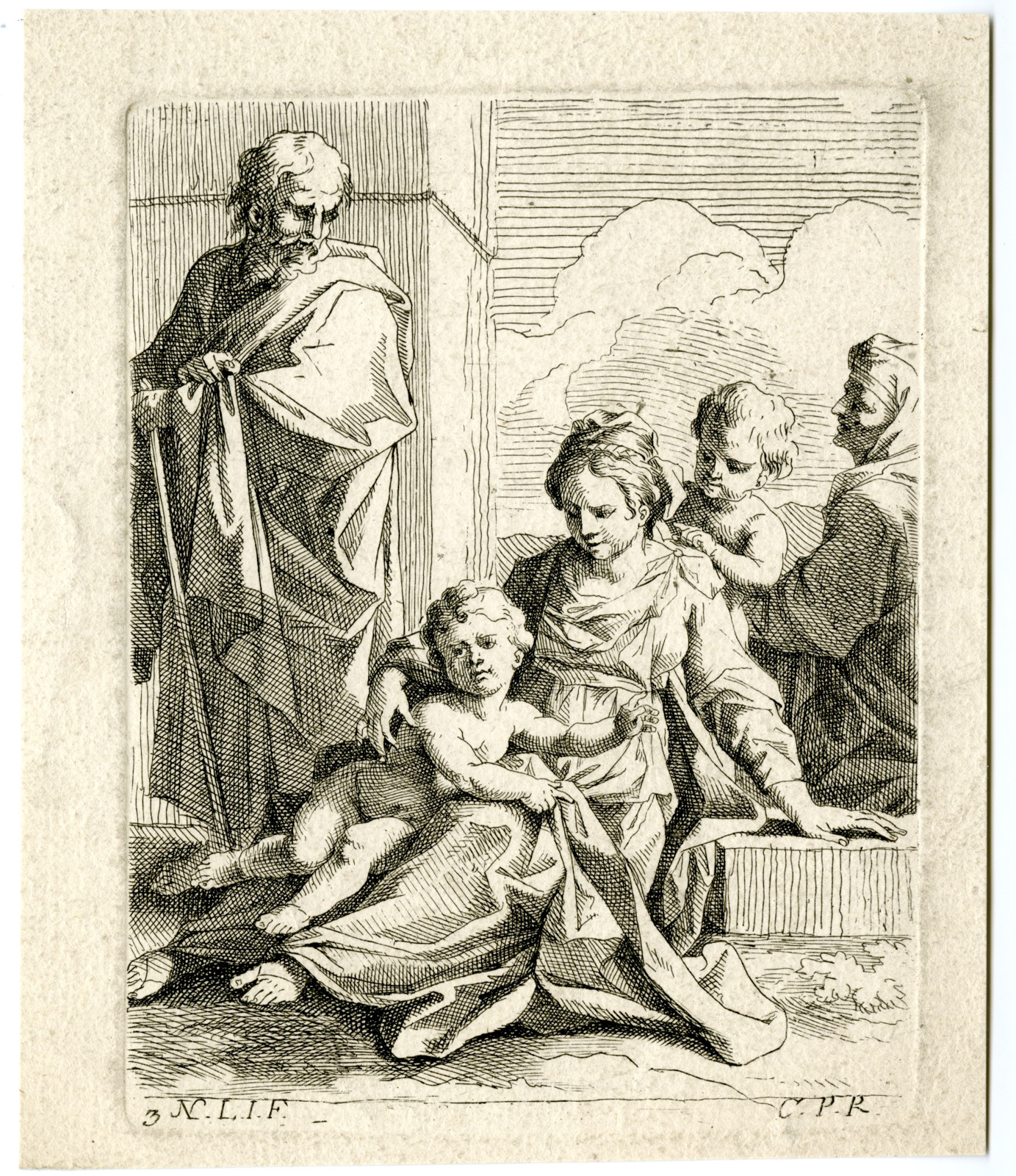 , Antique Master Print-HOLY-FAMILY-JOHN-ELIZABETH-Loir-1634-1679, Pictura Antique Prints