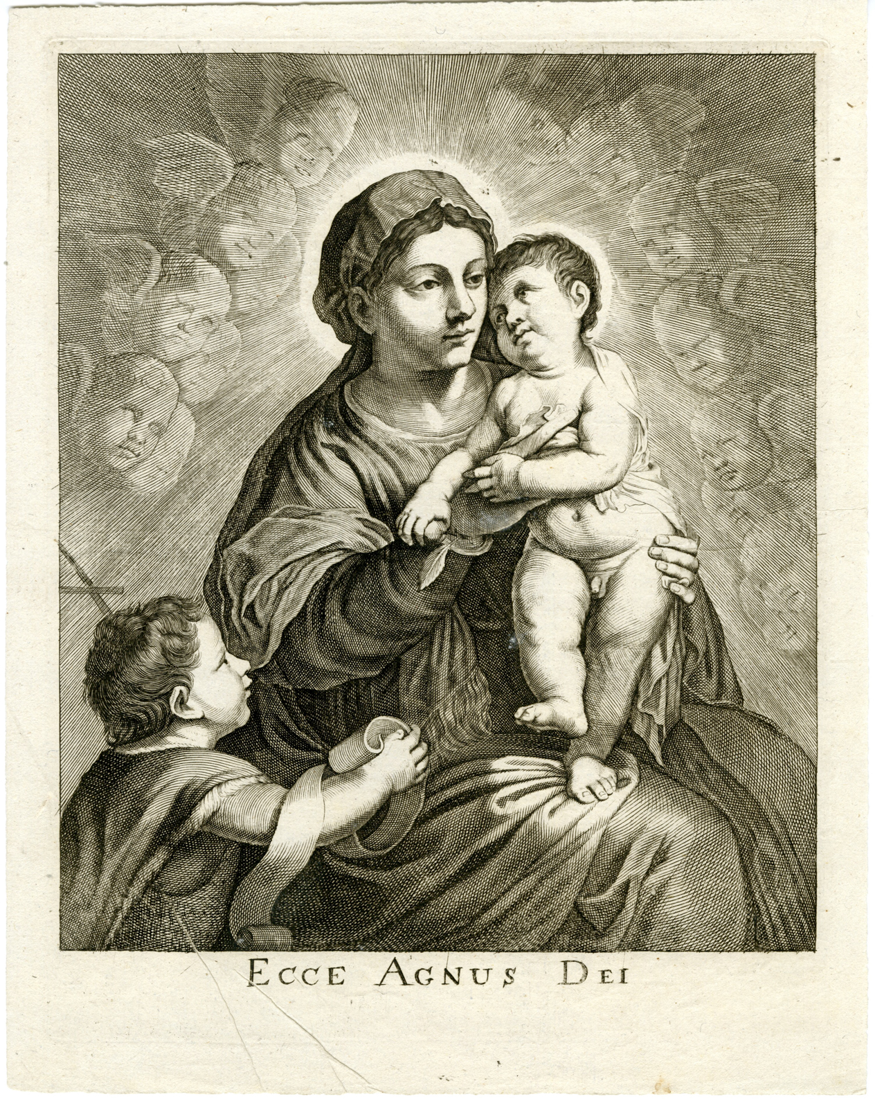 , Antique Master Print-VIRGIN-CHILD-ST JOHN-MADONNA-Bloemaert-17th.c., Pictura Antique Prints