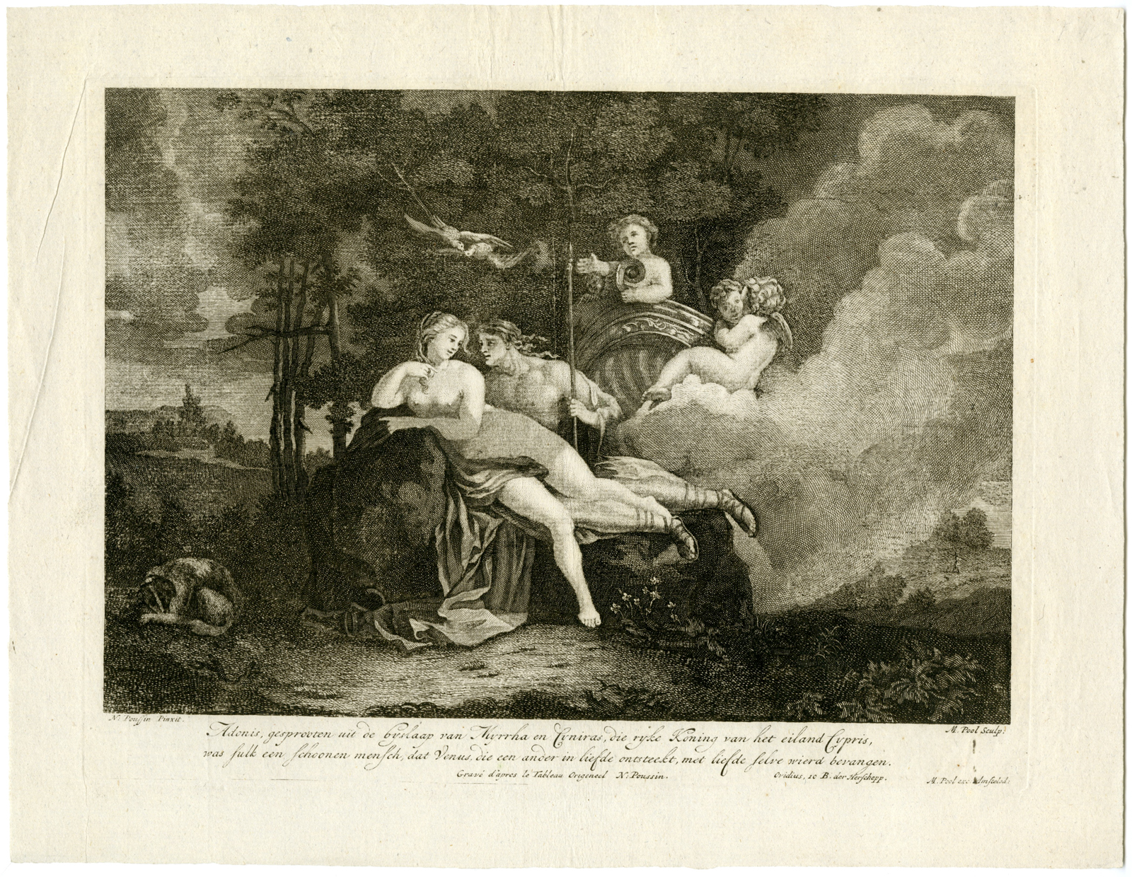 , Antique Master Print-VENUS-ADONIS-LOVERS-Pool-Poussin-1696-1727, Pictura Antique Prints