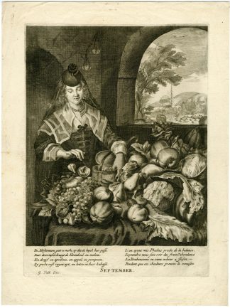 Rare-Antique Master Print-SEPTEMBER-WOMAN-Van Dalen (II)-1648-1715