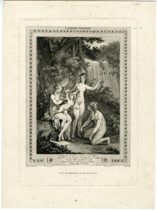 Antique Master Print-CUPID-DISARMED BY 3 NYMPHS-CHARITES-Denys-Moreau-18th.c.