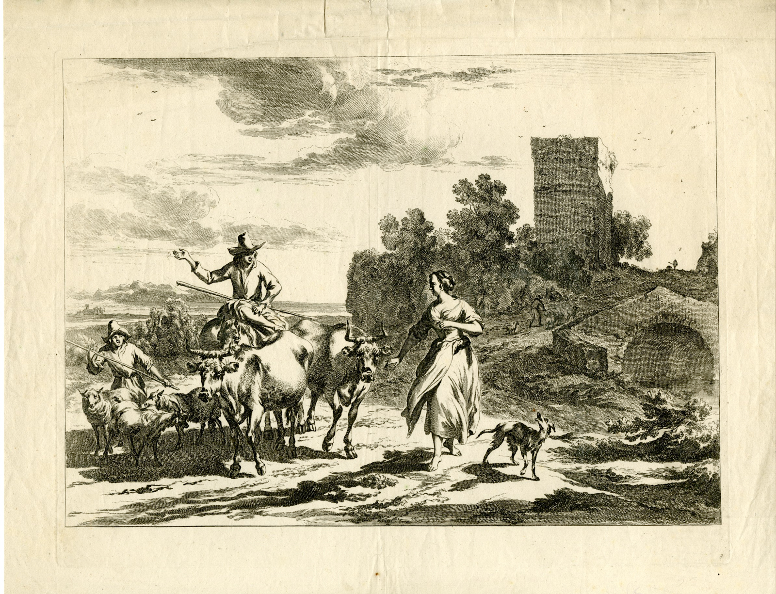 , Antique Master Print-CATTLE-HERDING-COW-SHEEP-DOG-GOAT-Visscher-Berghem-c.1660, Pictura Antique Prints