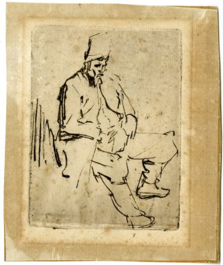 Rare-Antique Master Print-SEATED-MAN-TALL-CAP-Rembrandt-1627-1628