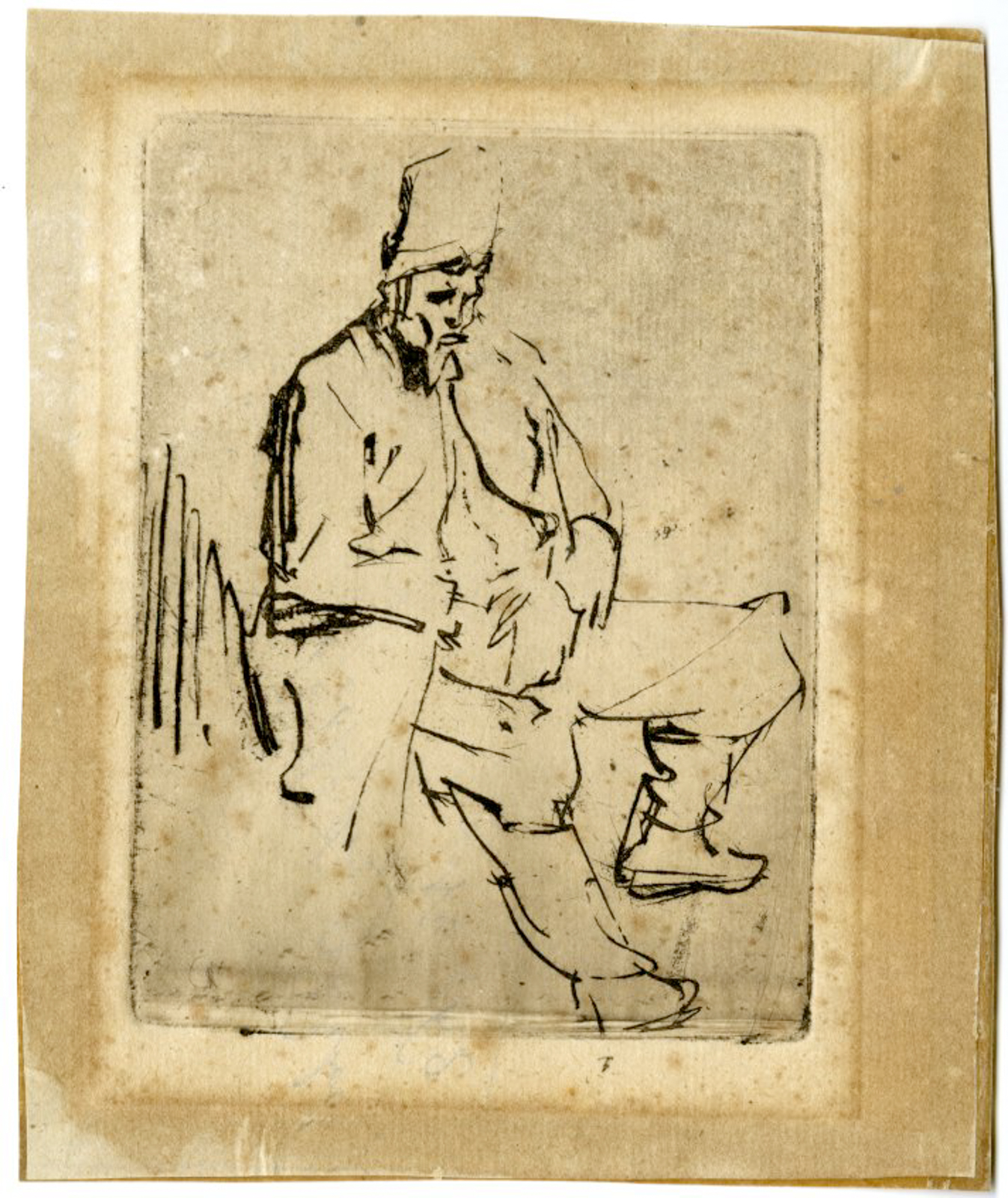 , Rare-Antique Master Print-SEATED-MAN-TALL-CAP-Rembrandt-1627-1628, Pictura Antique Prints