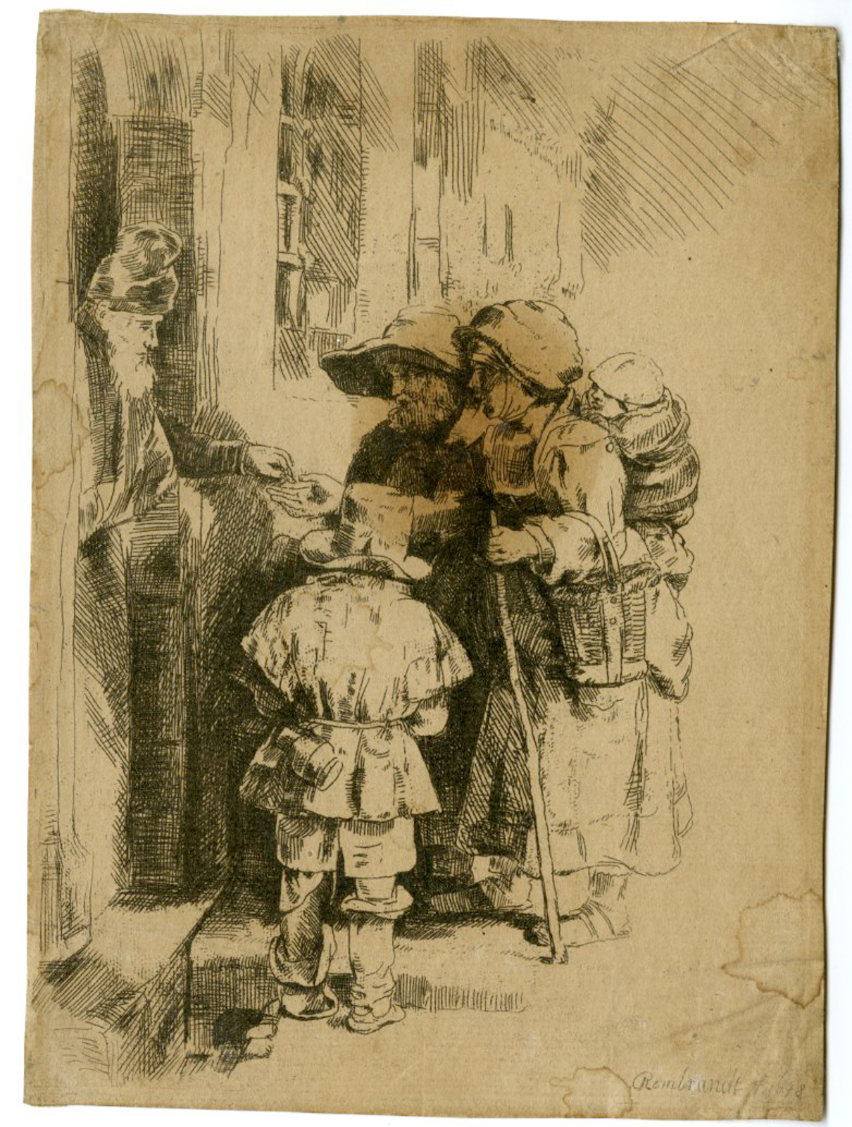 , Antique Master Print-BLIND-HURDY-GURDY-PLAYER-FAMILY-DOOR-HOUSE-Rembrandt-1648-1750, Pictura Antique Prints
