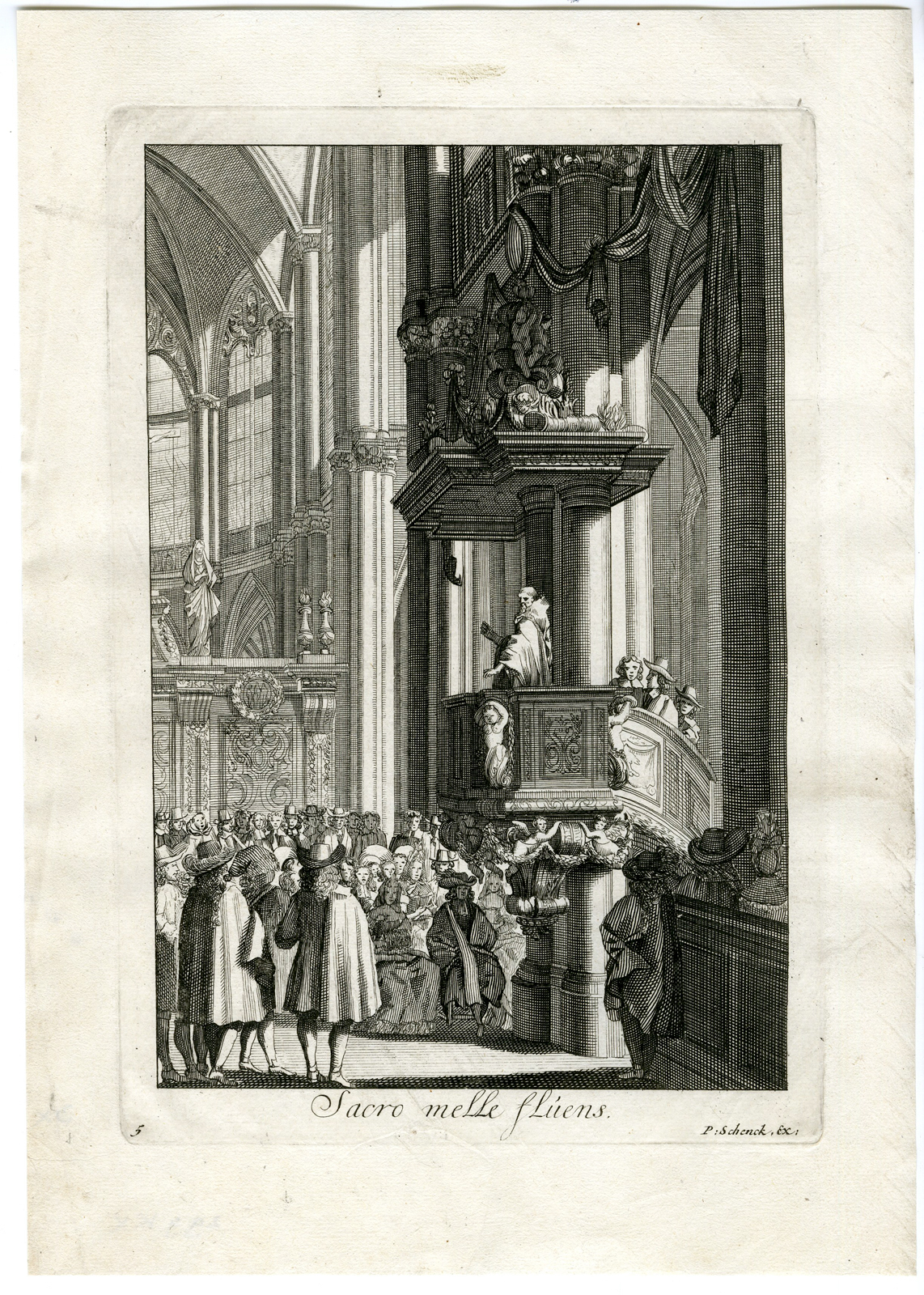 , Antique Master Print-PREACHER-PULPIT-CHURCH-PLATE 5-Le Pautre-c.1670, Pictura Antique Prints
