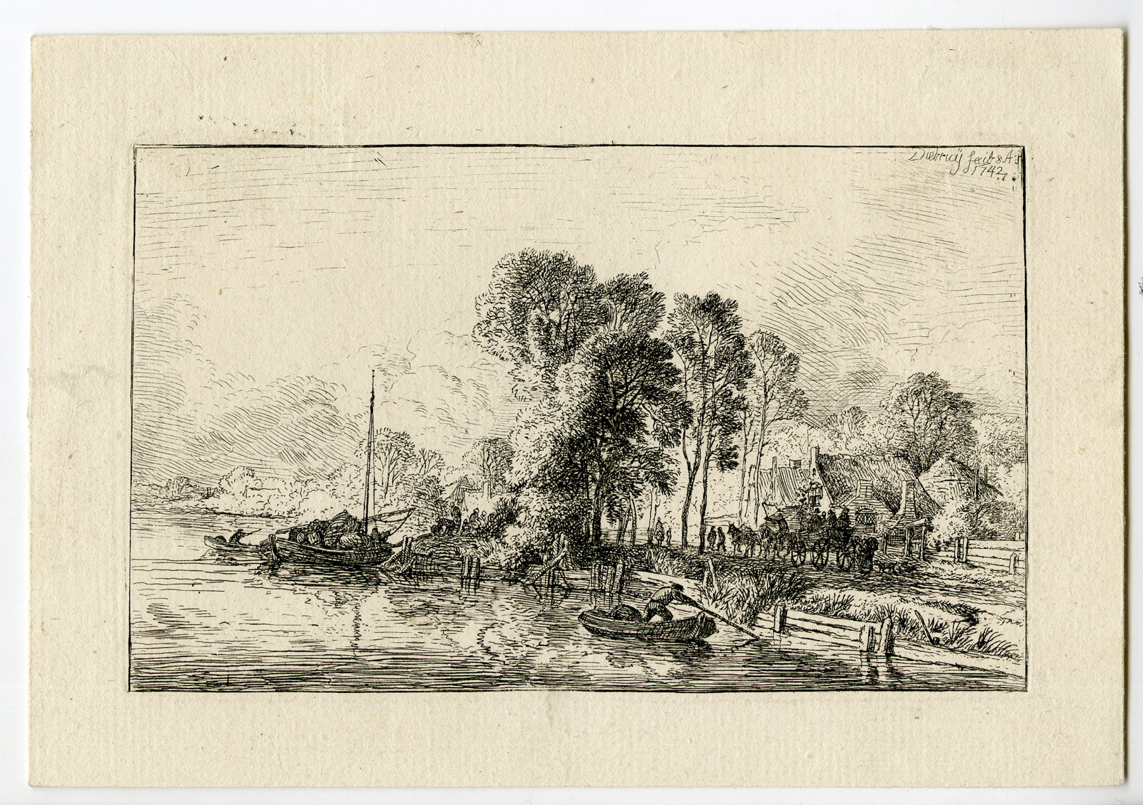 , Antique Master Print-COUNTRY-ROAD-CANAL-Dietrich-1742, Pictura Antique Prints