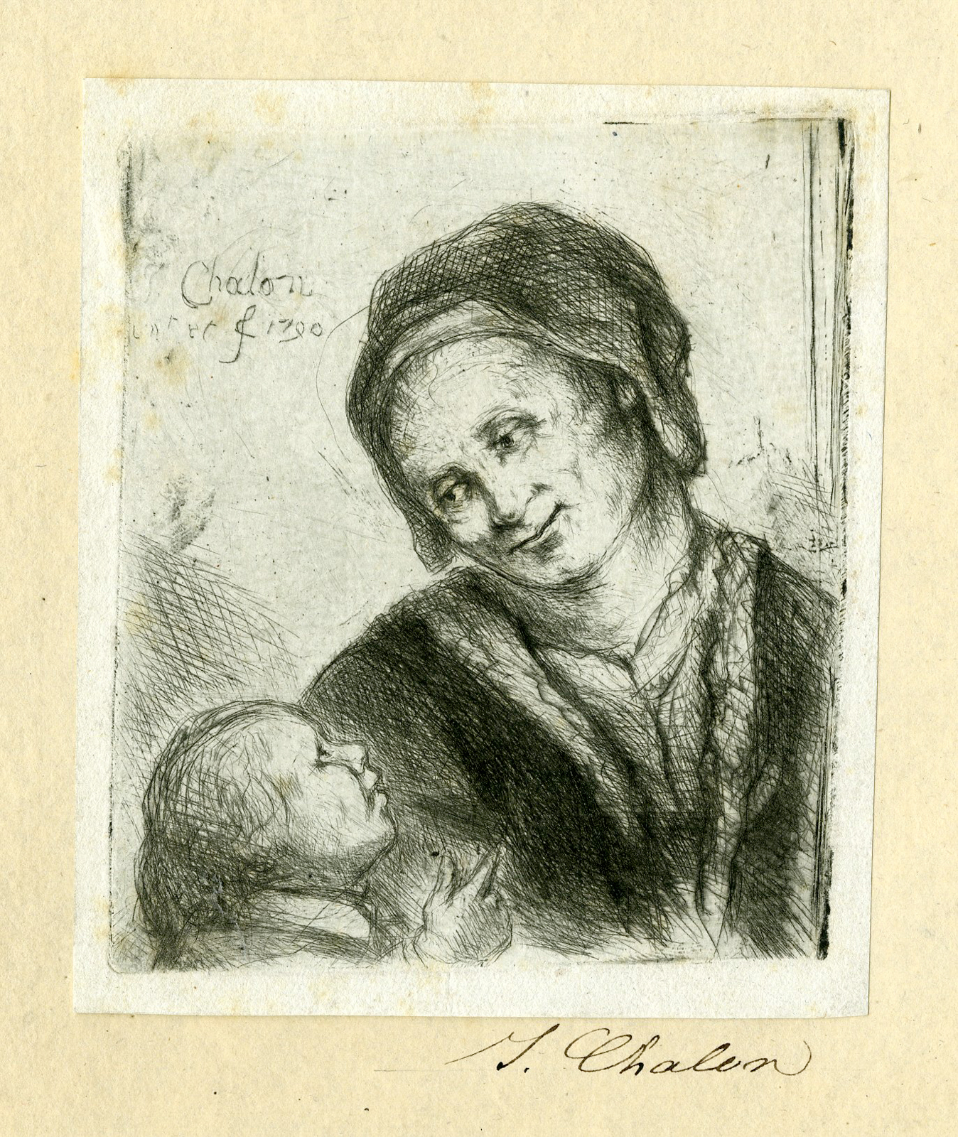 , Antique Master Print-WOMAN WITH CHILD-Jan Chalon-1790, Pictura Antique Prints