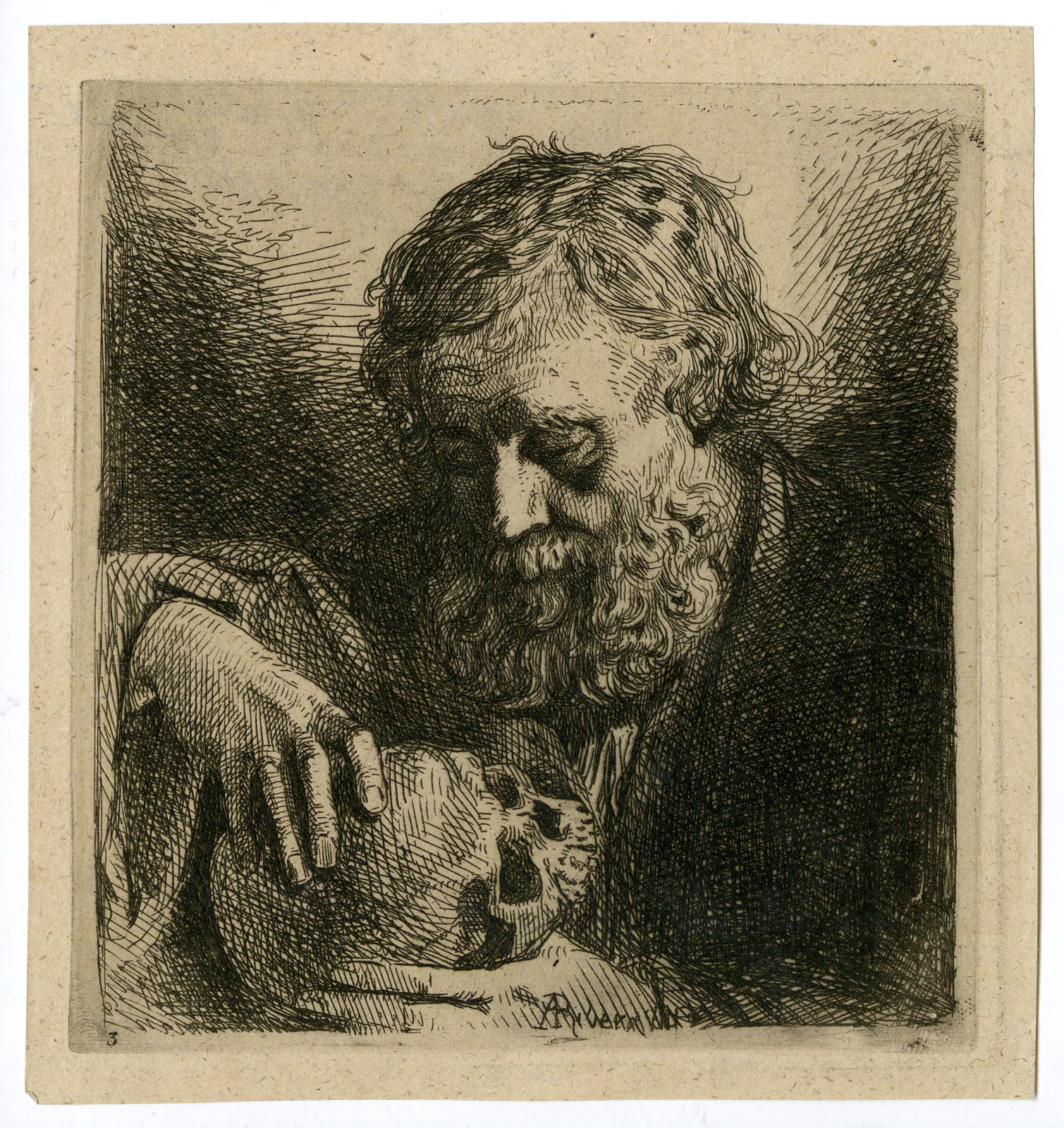 , Antique Master Print-MAN-BEARD-SKULL-Jacque-Ribera-c.1845, Pictura Antique Prints