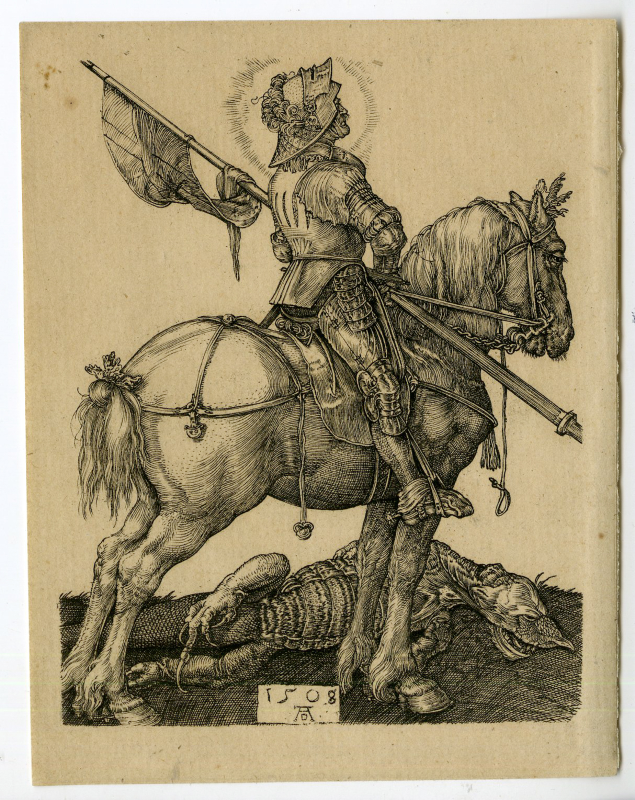 , Antique Master Print-SAINT-GEORGE-DRAGON-HORSEBACK-Durer-1508, Pictura Antique Prints