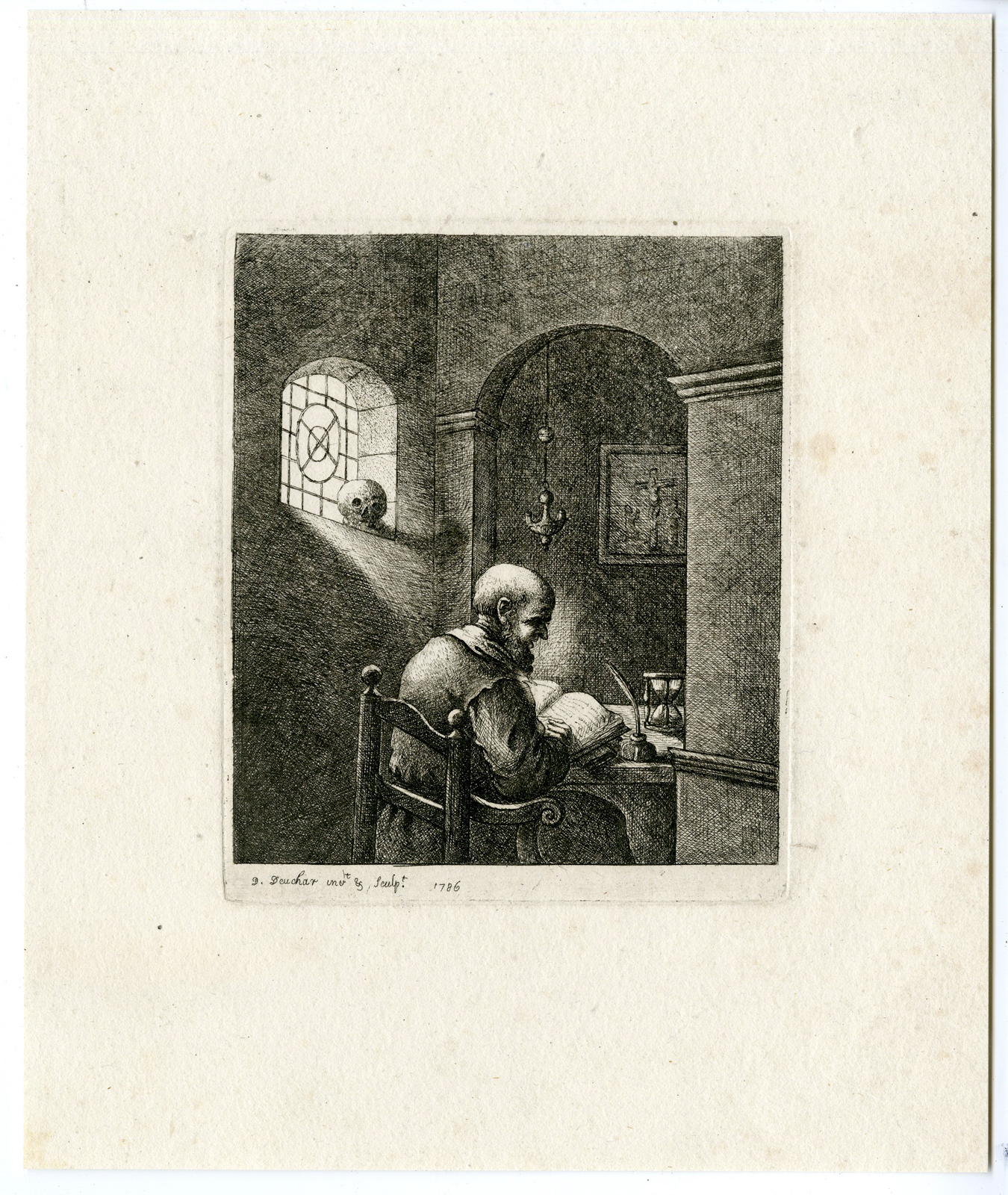 Pco 8831 416x493 Antique Master Print-MONK-READING-BIBLE-CELL-DESK-HOURGLASS-Deuchar-1786