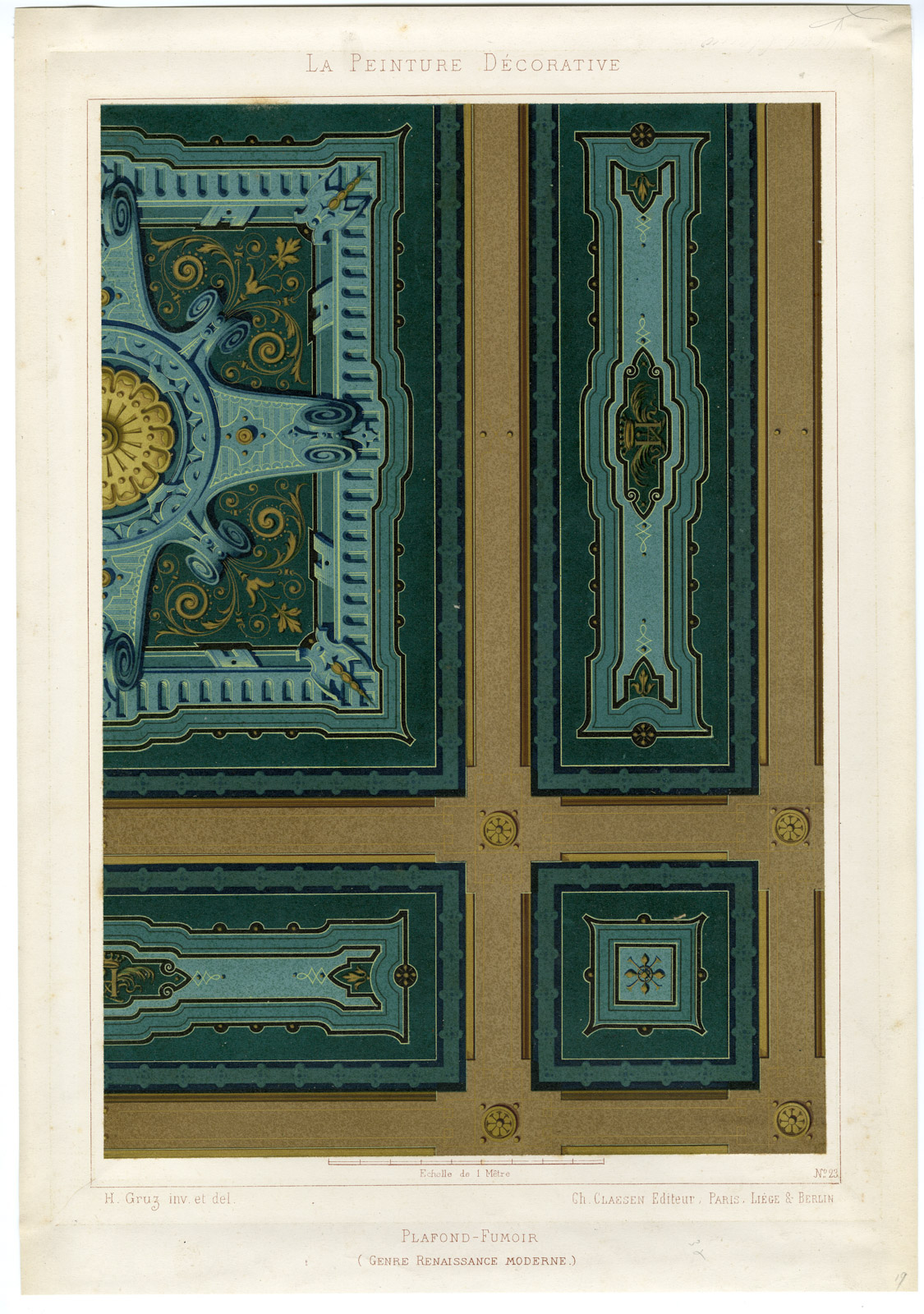 , Antique Print-DECORATION-WALL-CEILING-MONOGRAM-CROWN-PL.23-Hippolyte Gruz-1867, Pictura Antique Prints