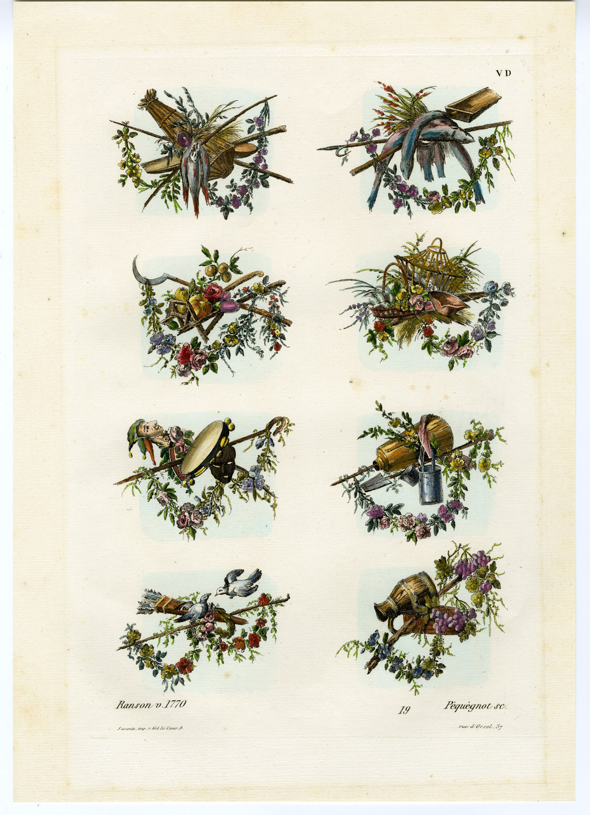 , Antique Print-DECORATION-GARLAND-BASKET-FOOL’S CAP-PL. 19-Pequegnet-Ranson-1862, Pictura Antique Prints