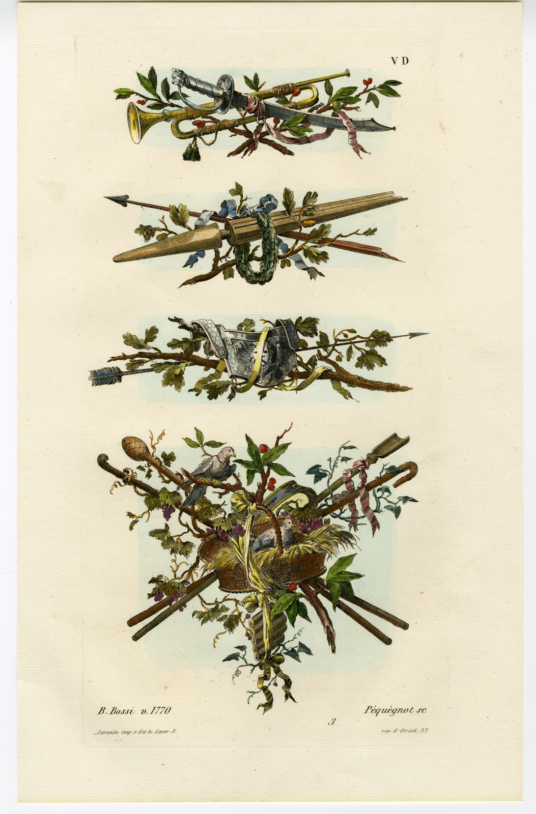 , Antique Print-DECORATION-MILITARY-PASTORAL-PIGEON-PL. 3-Pequegnot-Bossi-1862, Pictura Antique Prints