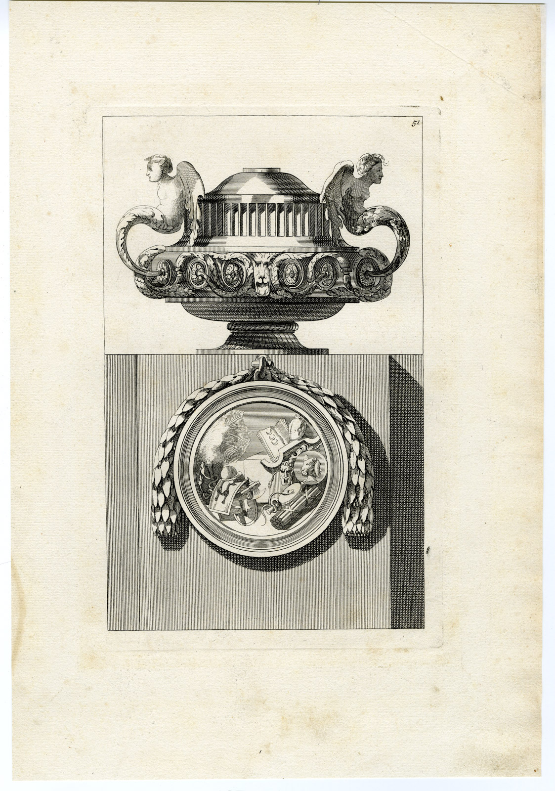 , Antique Print-DESIGN-URN-PEDESTAL-ANGEL-MILITARY-FASCES-de la Fosse-1780, Pictura Antique Prints