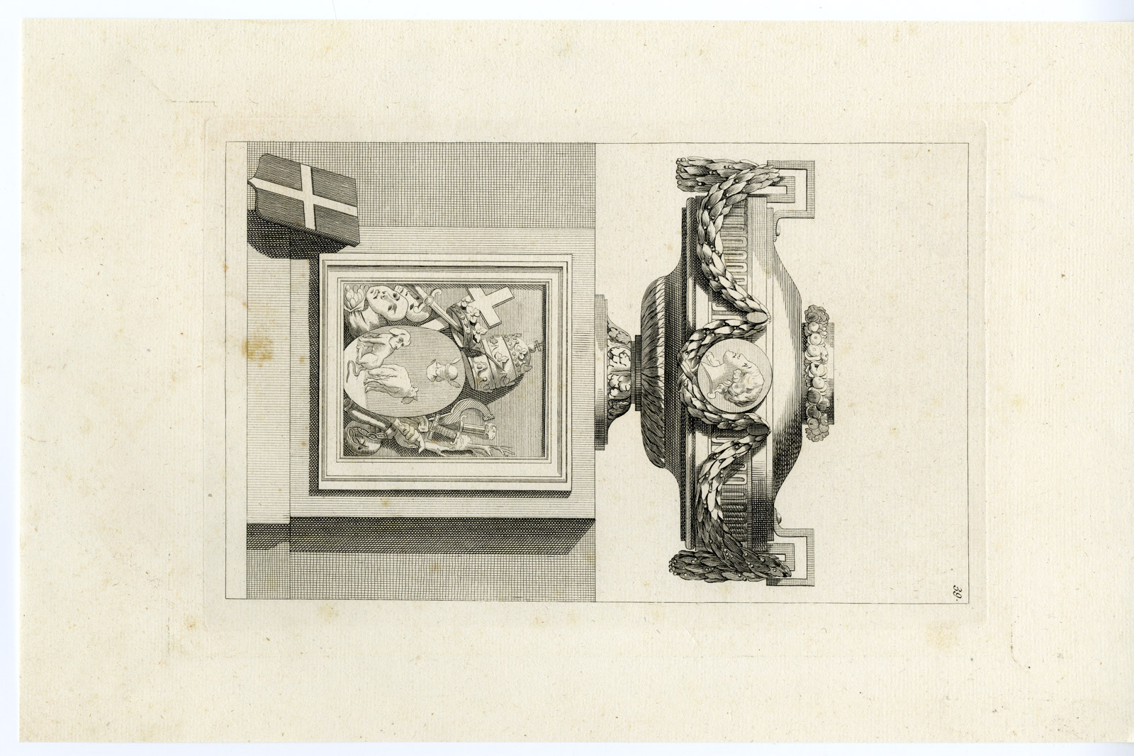 , Antique Print-DESIGN-URN-PEDESTAL-CROSS-PAPAL HAT-SWORD-CROWN-de la Fosse-1780, Pictura Antique Prints