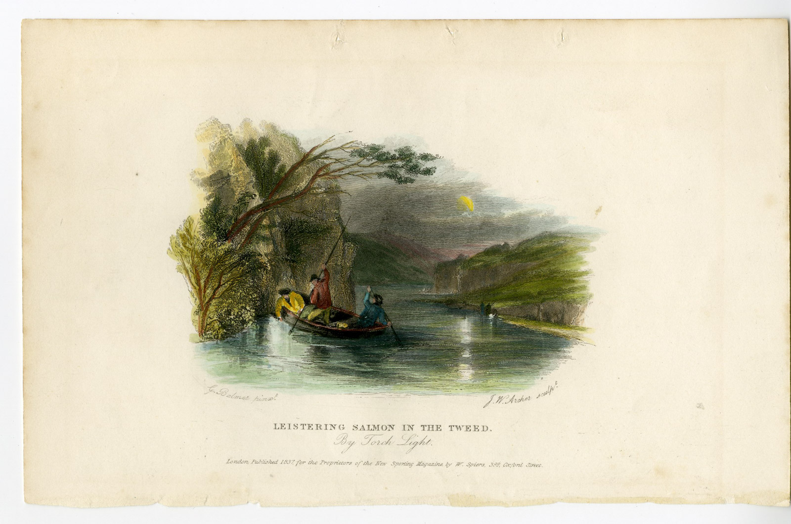 , Antique Print-BOAT-ROWING-LAMP-SPEAR FISH-FISHING-Archer-Balmer-1837, Pictura Antique Prints