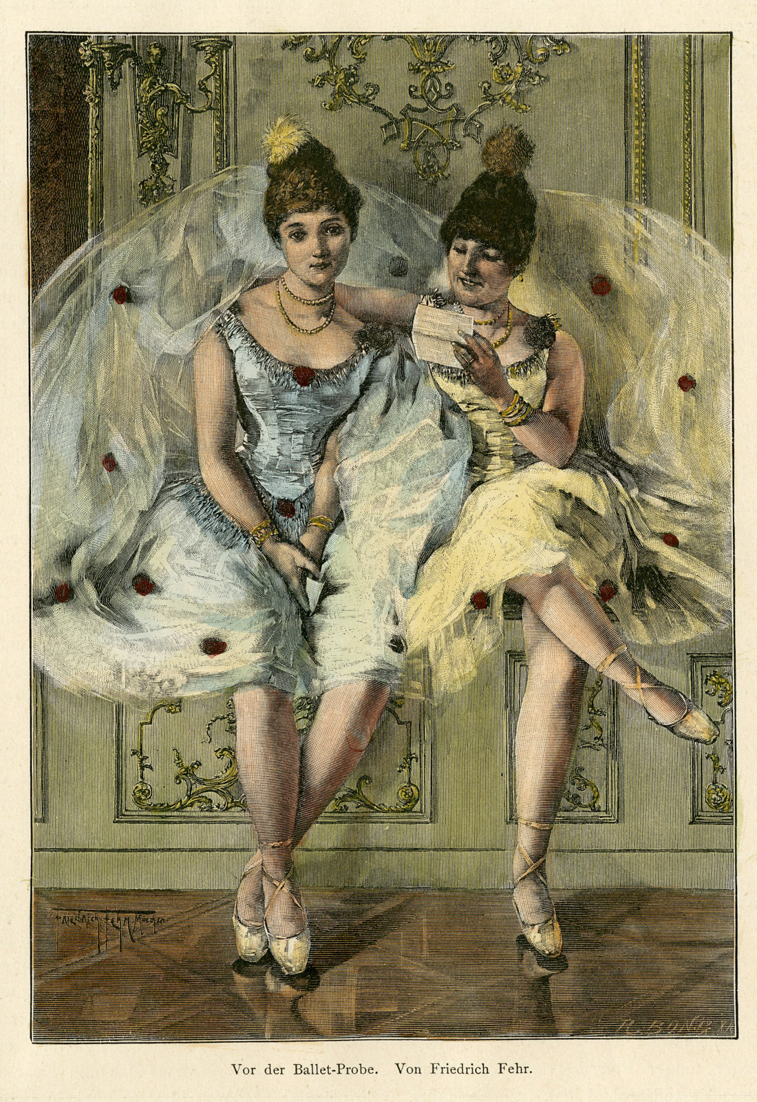 , Antique Print-BALLERINA-TUTU-SPITZEN-READING-REHEARSAL-Bong-Fehr-1870, Pictura Antique Prints