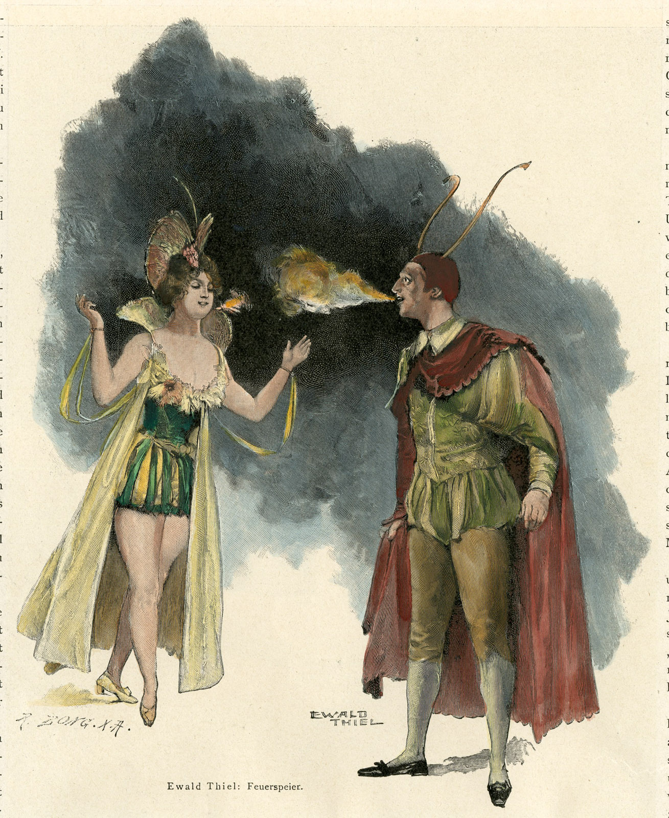 , Antique Print-FIRE BREATHER-PYROMANCER-ASSISTANT-STAGE-CIRCUS-Bong-Thiel-1870, Pictura Antique Prints