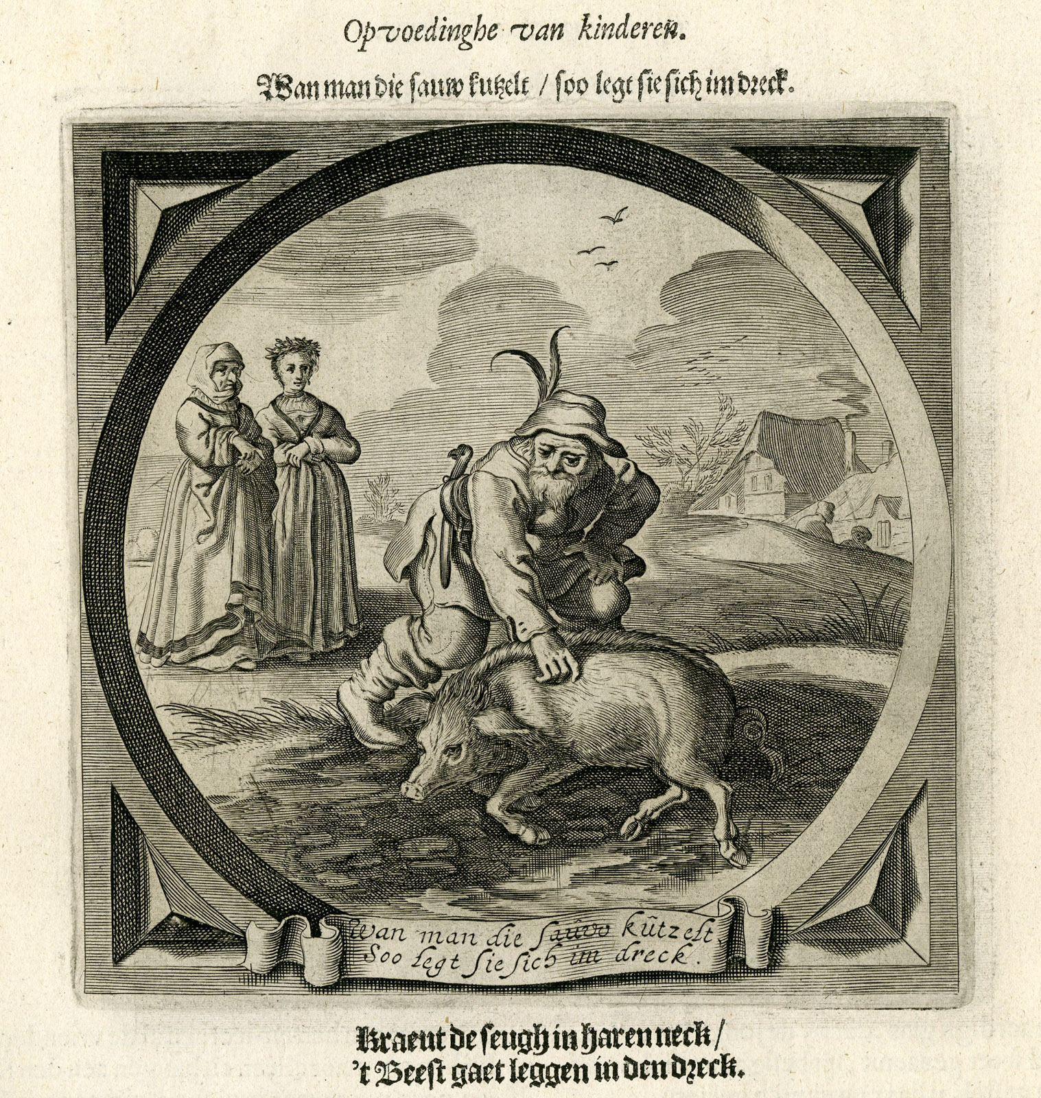 Pictura 00588 416x439 Antique Print-TICKLE-FARMER-SOW-PIG-FARM-MUD-MIRROR-Venne-Venne-Cats-1755