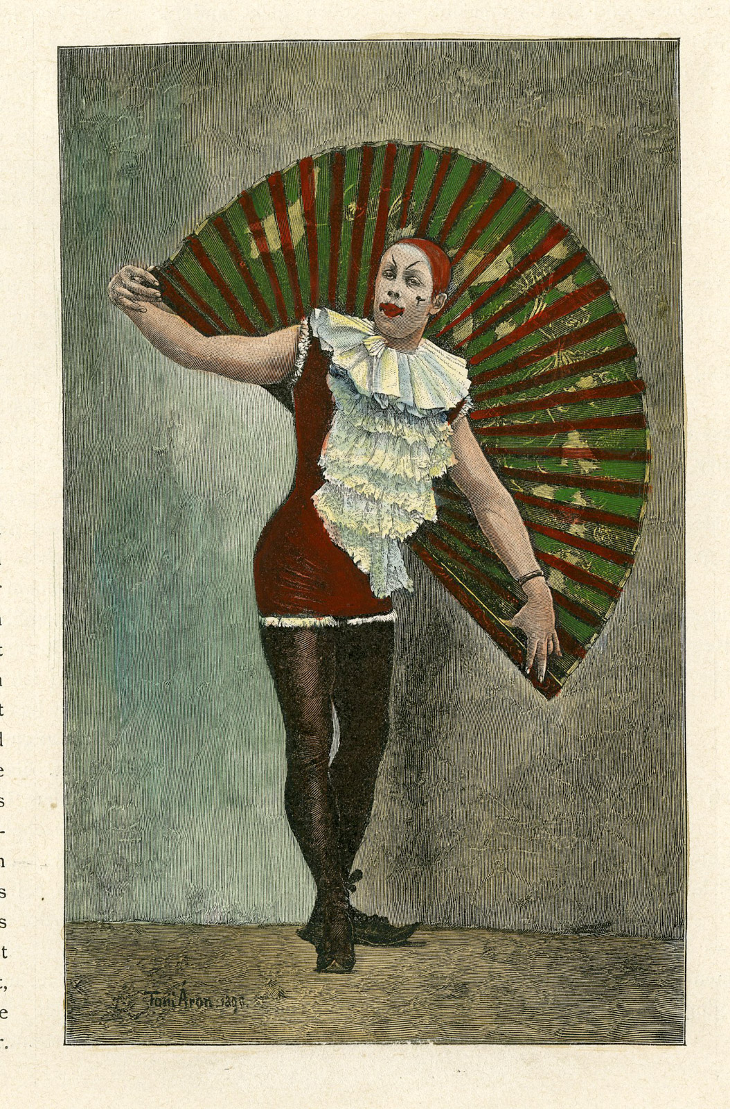 , Antique Print-FEMALE CLOWN-LARGE OPEN FAN-Aron-1890, Pictura Antique Prints
