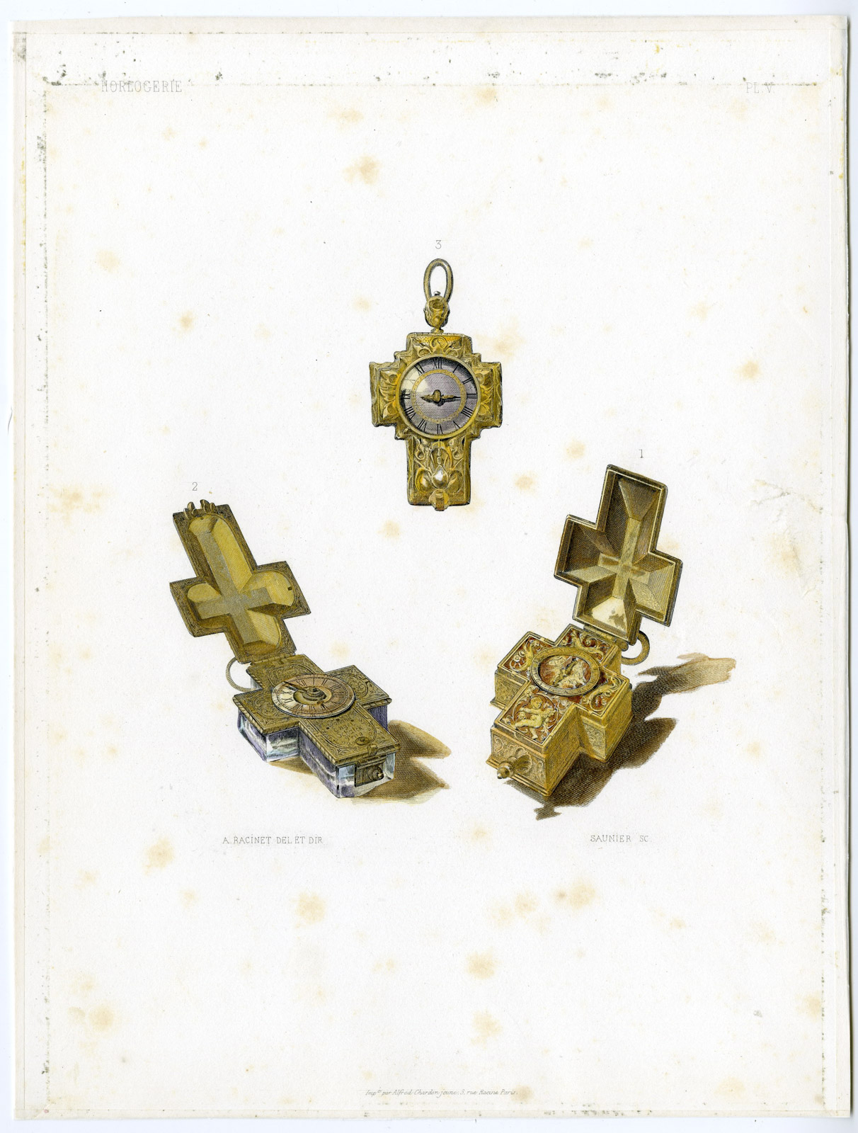 , Antique Print-WATCH-SHAPE-CRUCIFIX-TIMEPIECE-Saunier-Racinet-Dubois-1858, Pictura Antique Prints