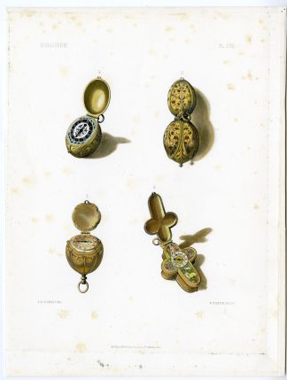 Antique Print-WATCH-SHAPE-CRUCIFIX-EGG-POPPY BOX-Riester-Clerget-Dubois-1858