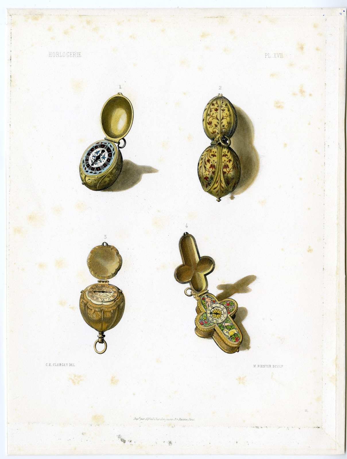 , Antique Print-WATCH-SHAPE-CRUCIFIX-EGG-POPPY BOX-Riester-Clerget-Dubois-1858, Pictura Antique Prints