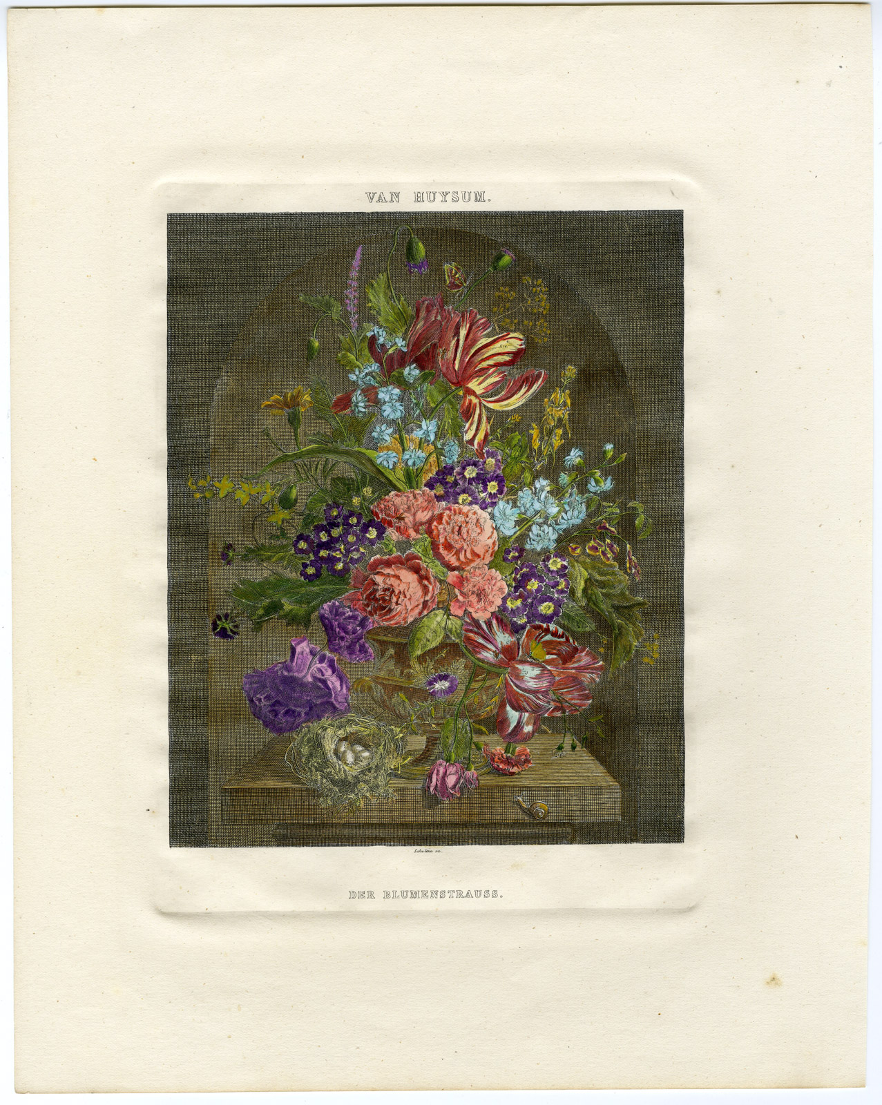 , Antique Print-VASE-BOUQUET-ROSE-SNAIL-BUTTERFLY-NEST-Schultze-Van Huysum-1780, Pictura Antique Prints