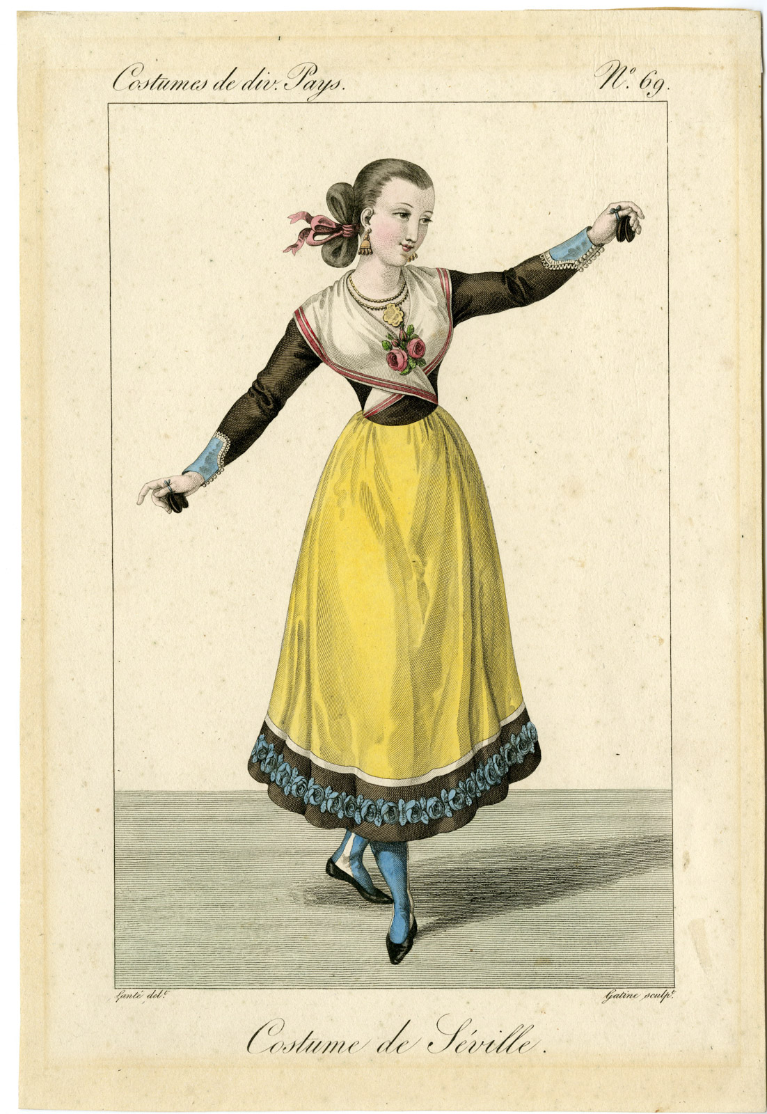 , Antique Print-COSTUME-SPAIN-SEVILLA-CASTNETS-PL. 69-Gatine-Lante-1827, Pictura Antique Prints
