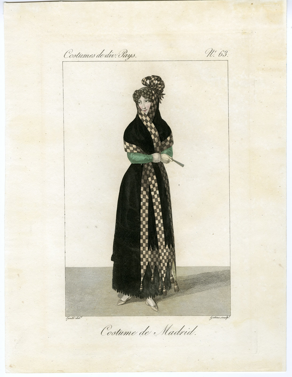 , Antique Print-COSTUME-SPAIN-MADRID-FAN-PL. 63-Gatine-Lante-1827, Pictura Antique Prints
