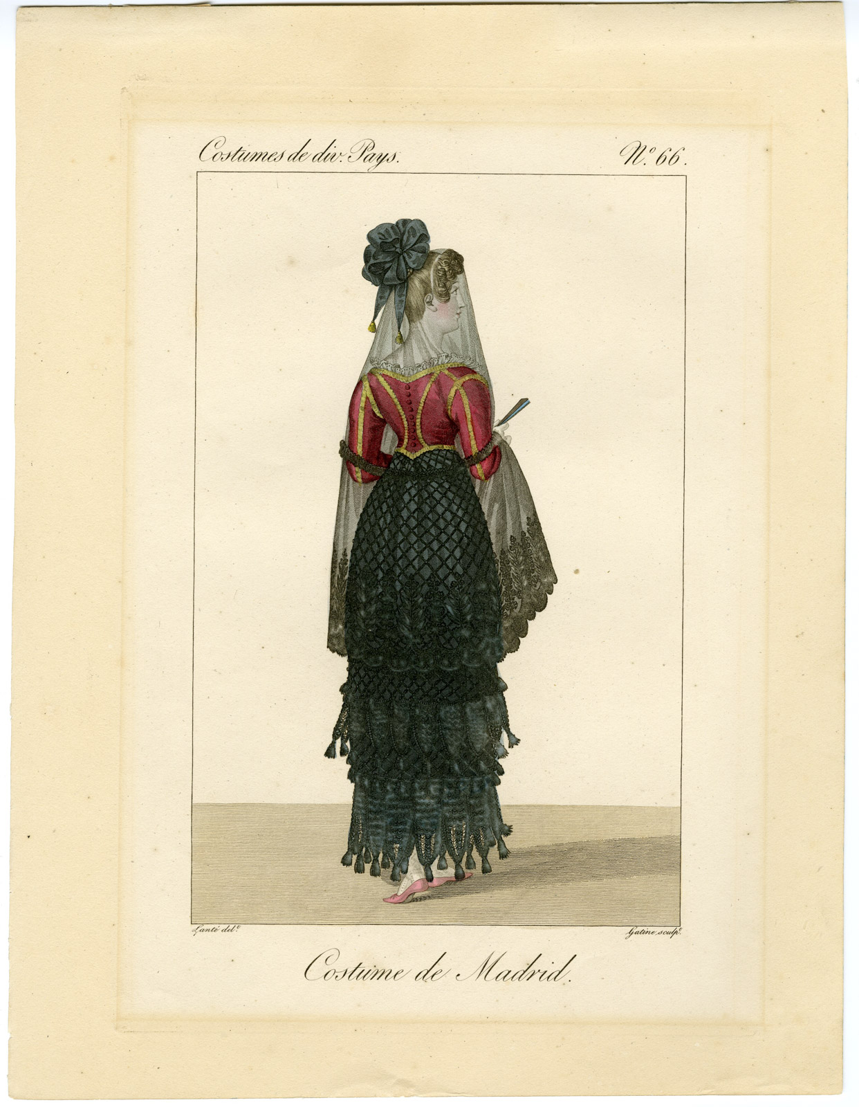 , Antique Print-COSTUME-SPAIN-MADRID-FAN-VEIL-PL. 66-Gatine-Lante-1827, Pictura Antique Prints
