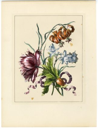 Antique Print-HAND COLOURED-BOUQUET-CAROLINA LILY-PEONY-RIBBON-Batiste-1890