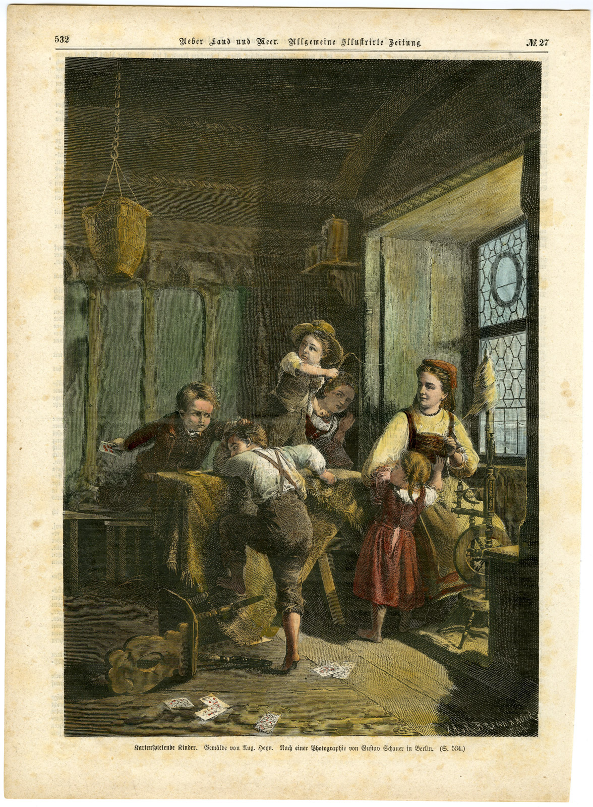 , Antique Print-CHILDREN-MOTHER-LOOM-CARD GAME-FIGHT-Brandamour-Heyn-1875, Pictura Antique Prints
