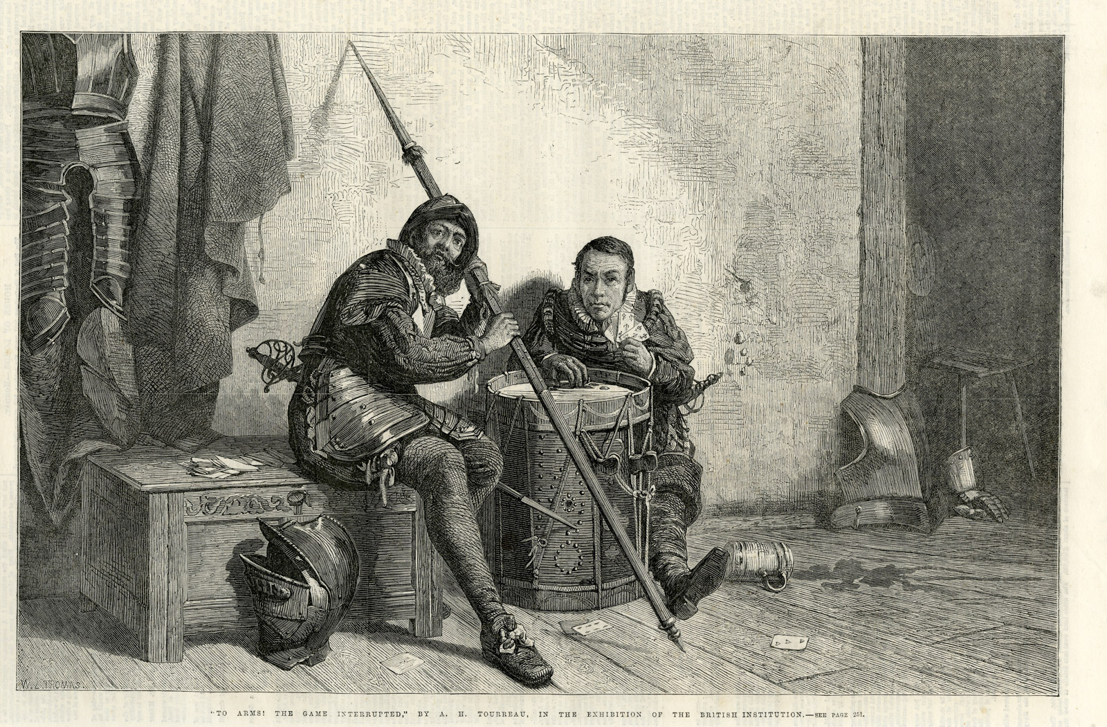 , Antique Print-GUARD-PIKE-SABER-DRUM-CARD GAME-Thomas-Tourreau-1867, Pictura Antique Prints