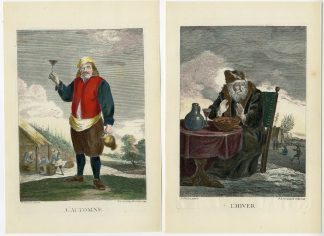 4-Antique Prints-SEASONS-WINE-PLANTING-HARVEST-ICE SKATING-Surugue-Teniers-1749
