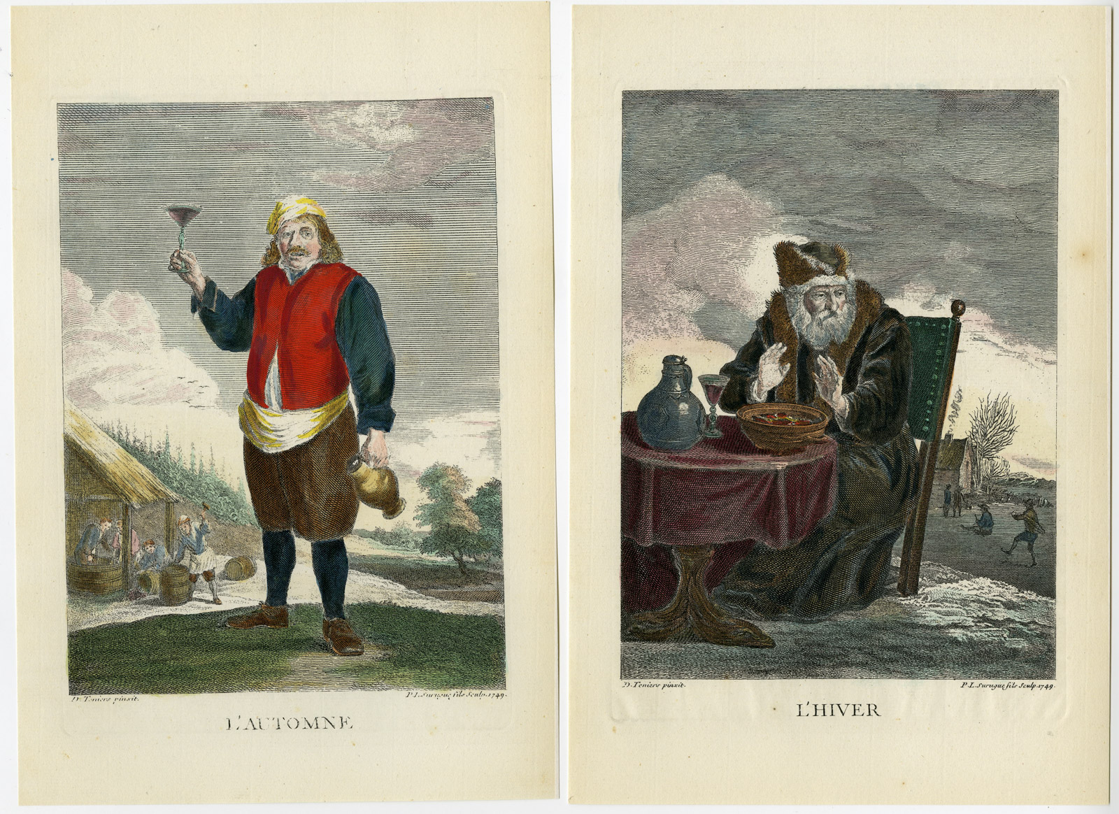 , 4-Antique Prints-SEASONS-WINE-PLANTING-HARVEST-ICE SKATING-Surugue-Teniers-1749, Pictura Antique Prints