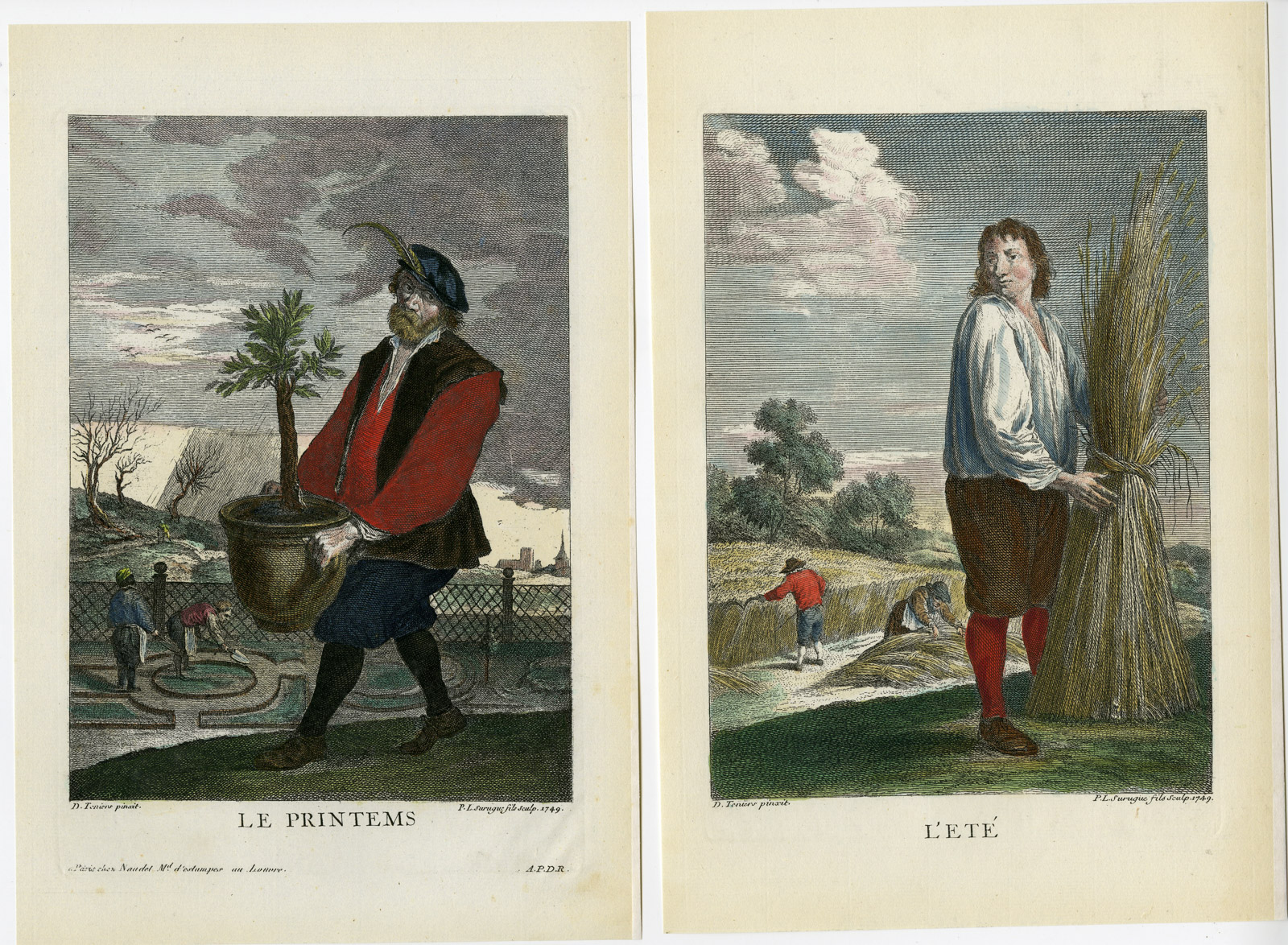 , 4-Antique Prints-SEASONS-WINE-PLANTING-HARVEST-ICE SKATING-Surugue-Teniers-1749, Pictura Antique Prints