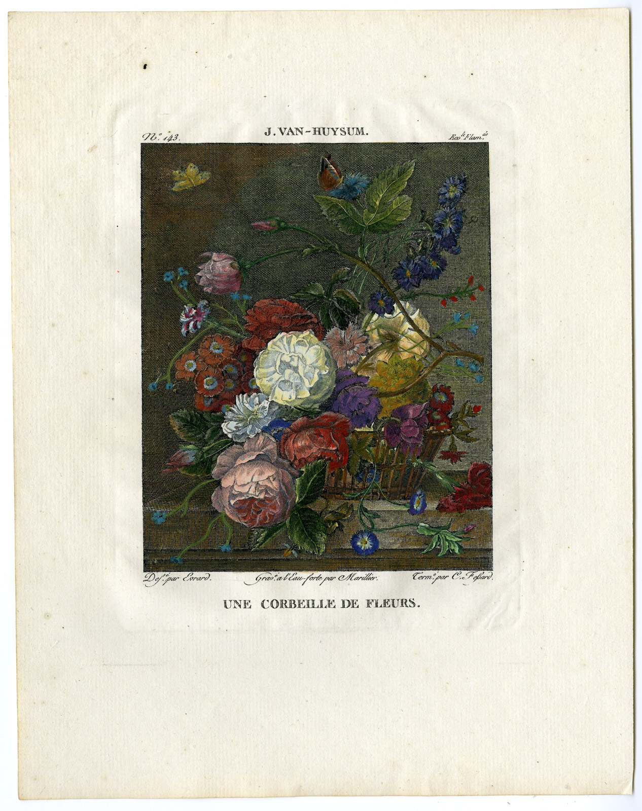 , Antique Print-BOUQUET-ROSE-LARKSPUR-DELPHINIUM-BUTTERFLY-Fessard-van Huysum-1810, Pictura Antique Prints