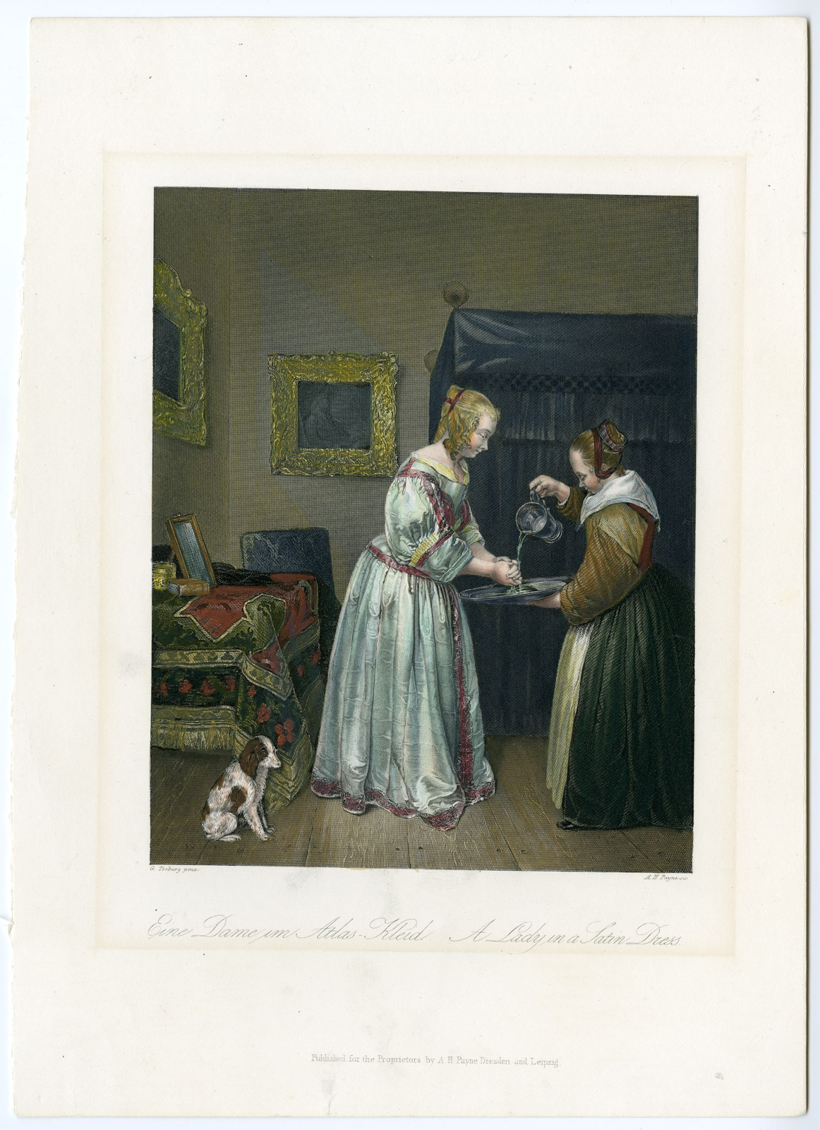 , Antique Print-LADY-SATIN DRESS-WASH HANDS-JUG-PLATE-Payne-Terburg-1850, Pictura Antique Prints