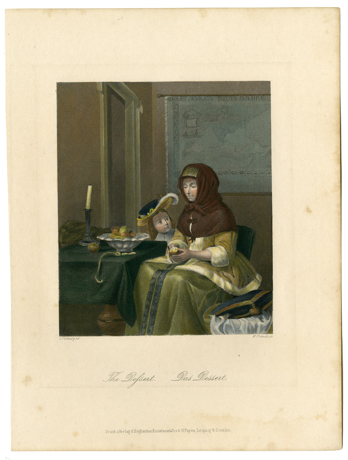 , Antique Print-PEELING APPLE-BOY-LADY-FRUIT BOWL-French-Terburg-1850, Pictura Antique Prints