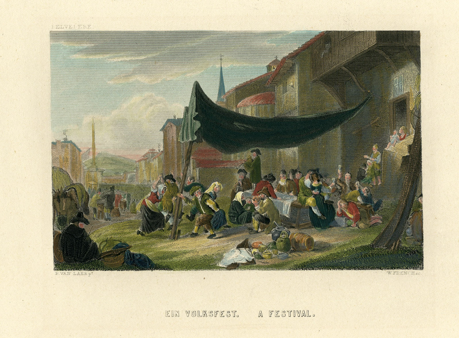 Pictura 00714 416x307 Antique Print-VILLAGE FESTIVAL-CLEARING-AWNING-FEAST-French-Van Laer-1840