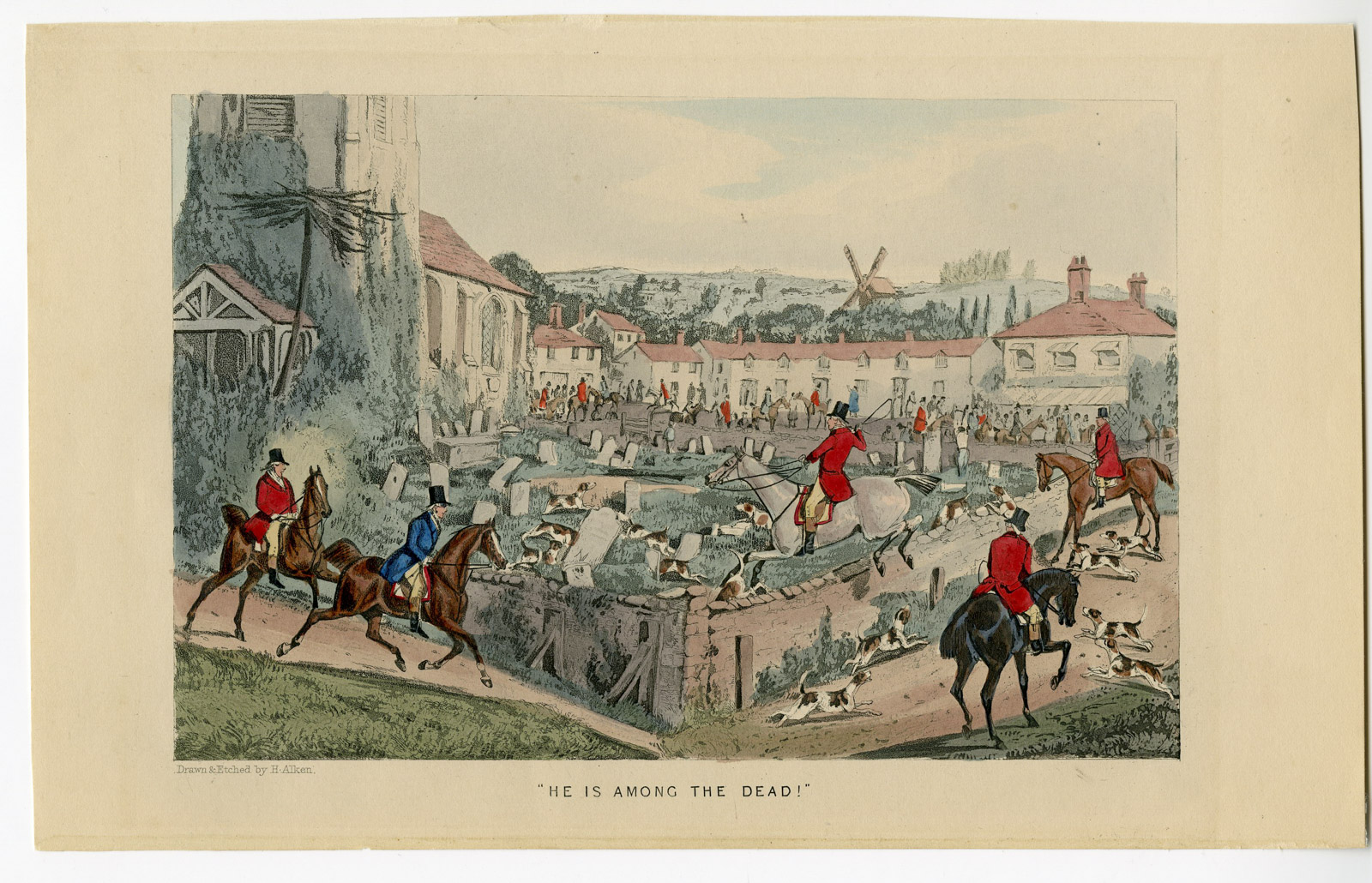 , Antique Print-HUNTING-GRAVEYARD-HORSE-HUNTING DOGS-Alken-1840, Pictura Antique Prints