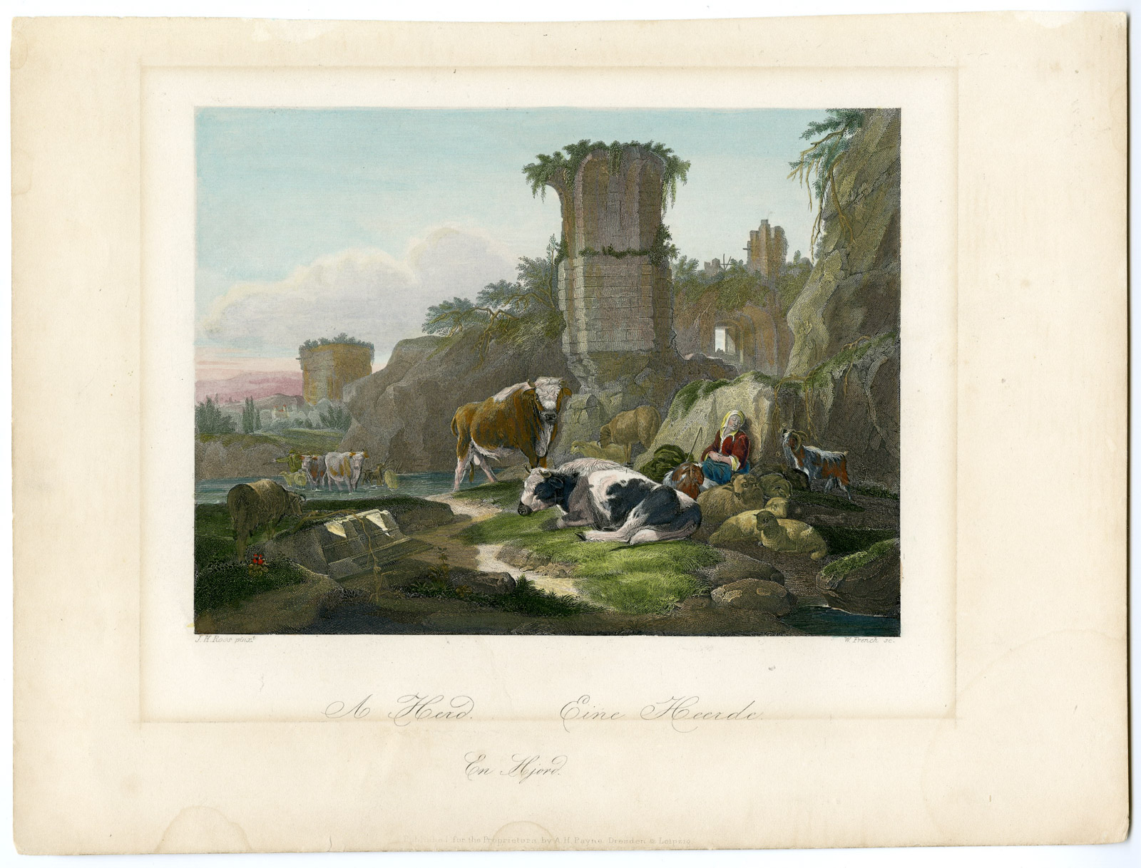 , Antique Print-SHEPHERDESS-REST-FLOCK-RIUN-French-Roos-1850, Pictura Antique Prints