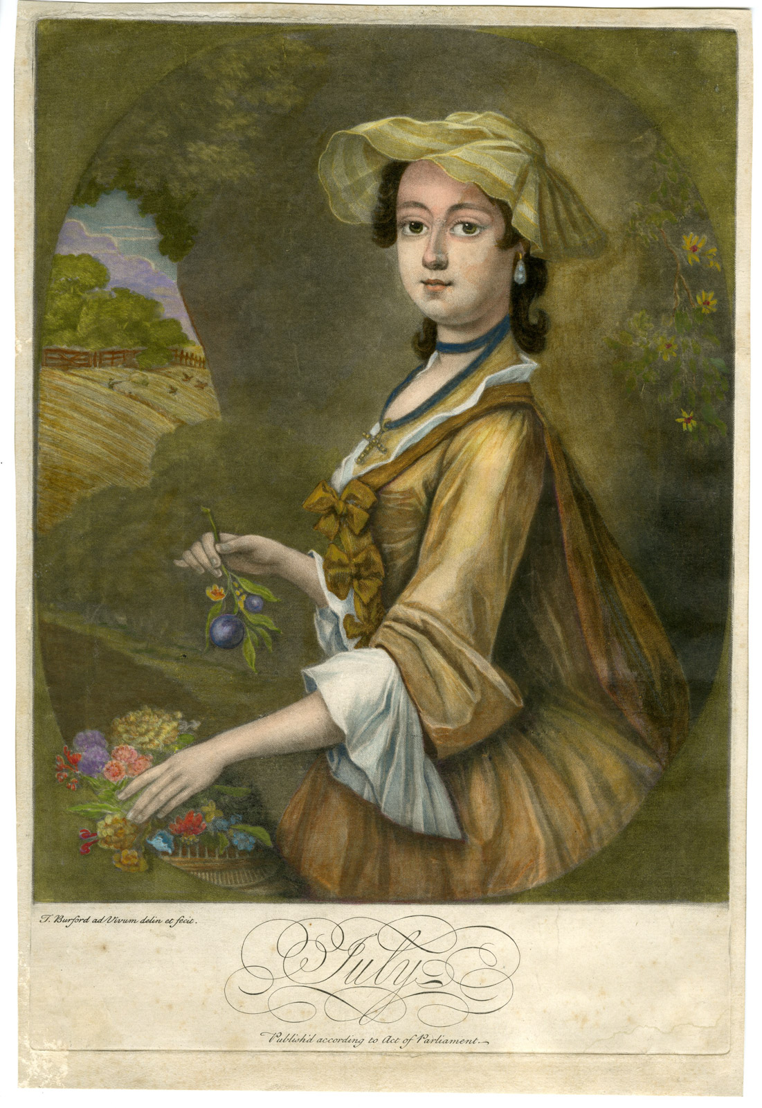 , Antique Master Print-LADY-JULY-FLOWER-FRUIT-FIELD-ALLEGORY-Burford-1745, Pictura Antique Prints