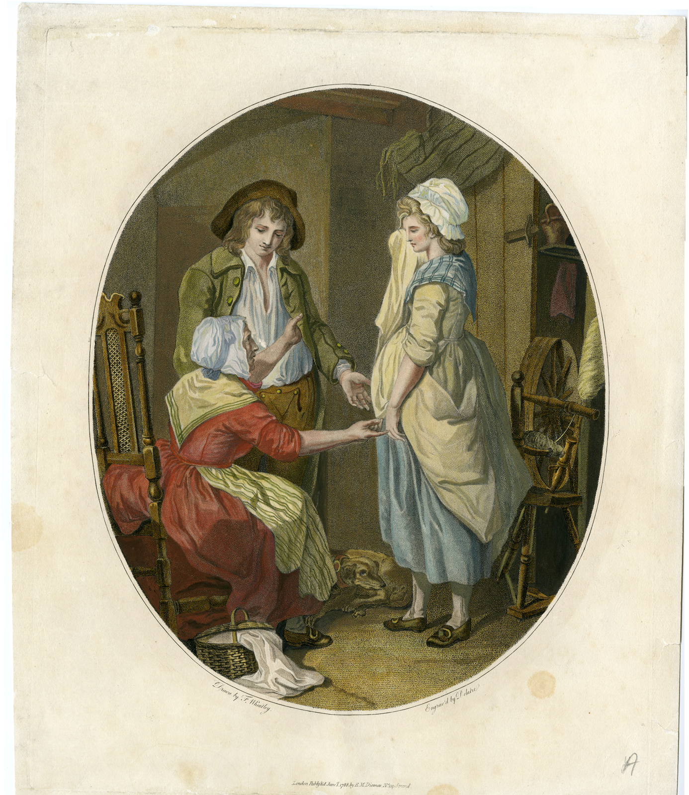 , Antique Master Print-MOTHER-DAIGHTER-YOUNG MAN-LOOM-Delatre-Wheatley-1780, Pictura Antique Prints