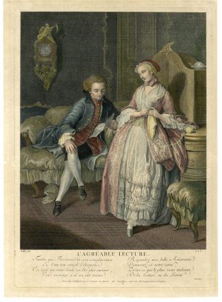 Antique Master Print-AGREABLE LECTURE-KNITTING-CLOCK-SCYTHE-Gaillard-Balko-1760